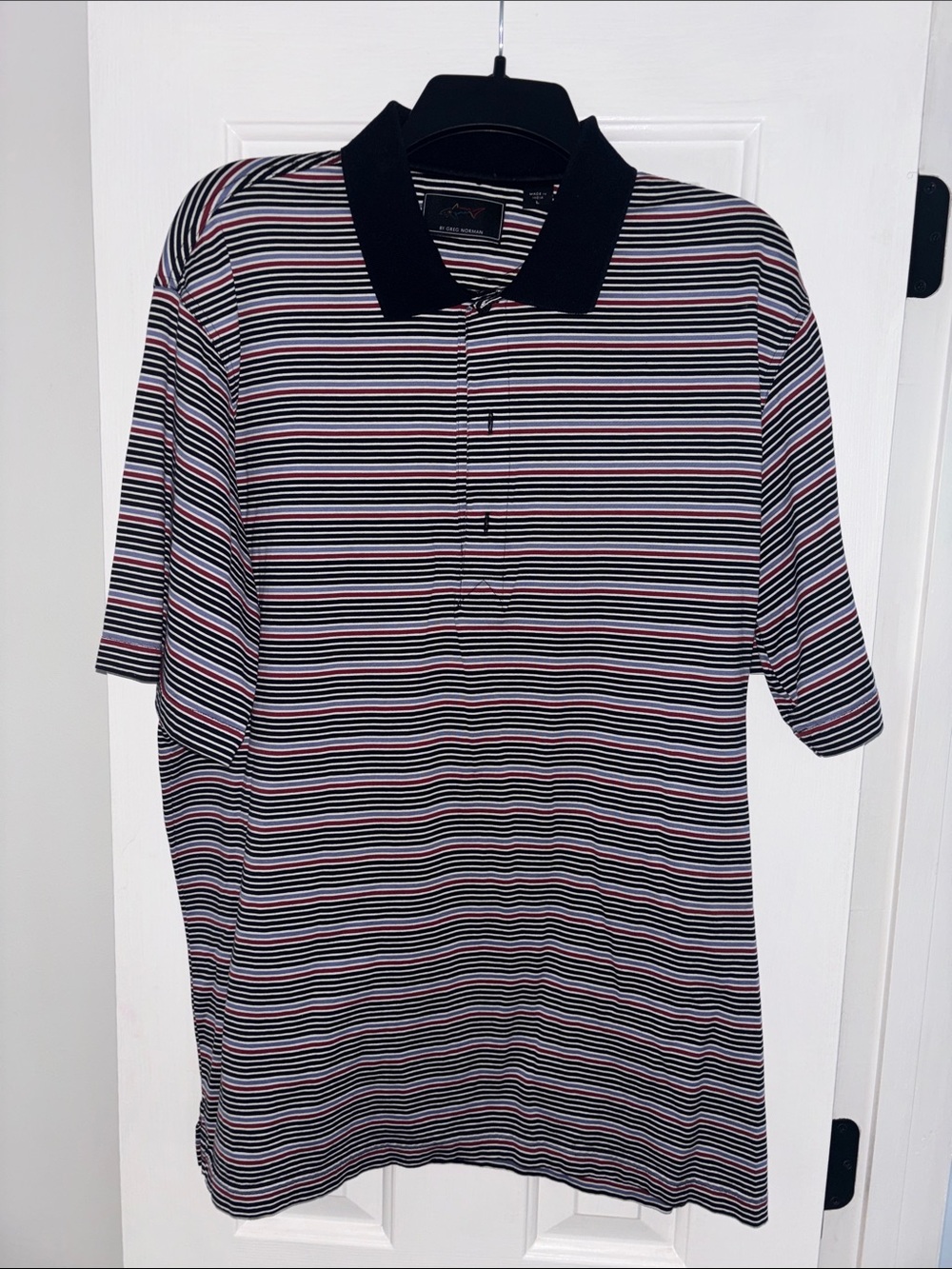 Greg Norman Collection Black-Collar Striped Polo with White and Pink Lines